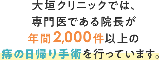 肛門科の対応疾患大垣クリニックでは、専門医である院長が年間2,000件以上の痔の日帰り手術を行っています。